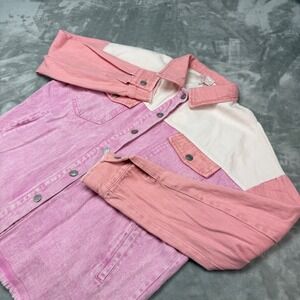Entro Denim‎ Jacket / Shacket Women's Pink White Colorblock Frayed Hem Medium M